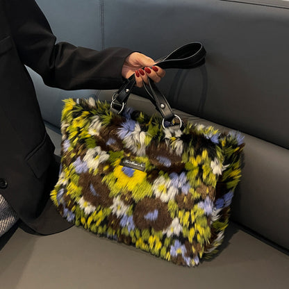 winter plush bags women flowers shoulder bag handbag