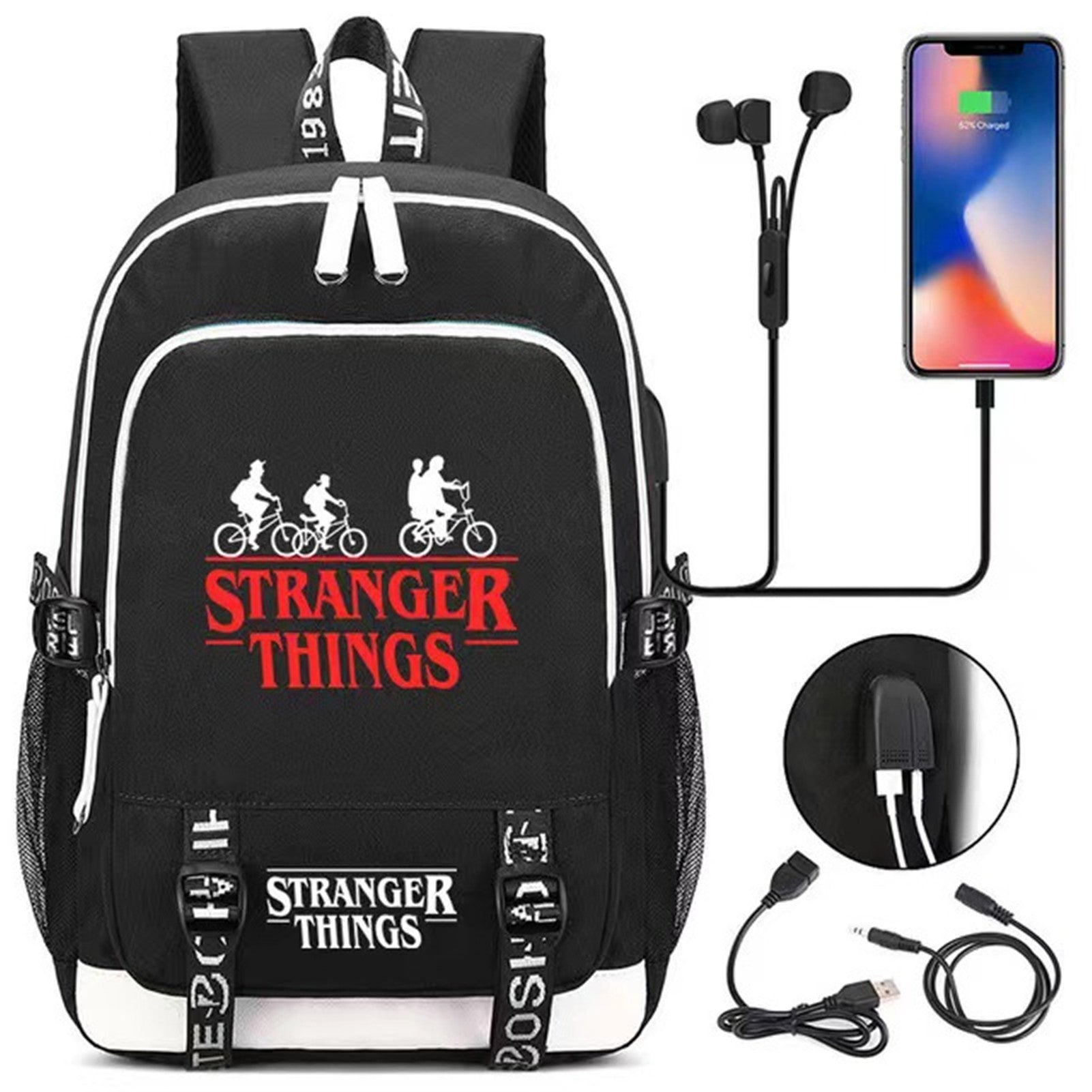 ride the bike down world of stranger backpack dream of exploring things laptop daypack with usb charging sport bag for men women boy girl boys black