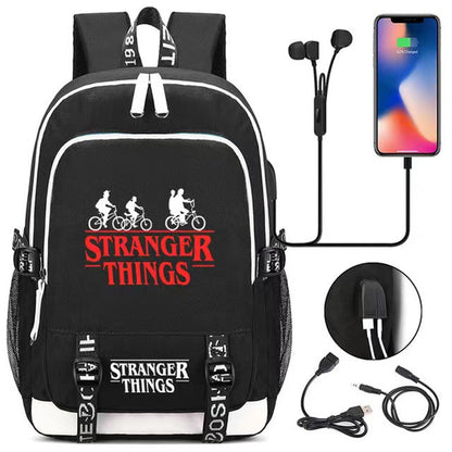 ride the bike down world of stranger backpack dream of exploring things laptop daypack with usb charging sport bag for men women boy girl boys black