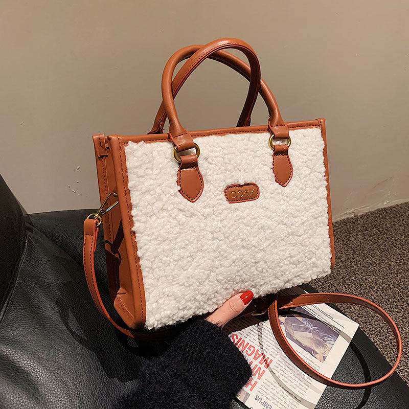 winter solid color pu lamb wool small square bag