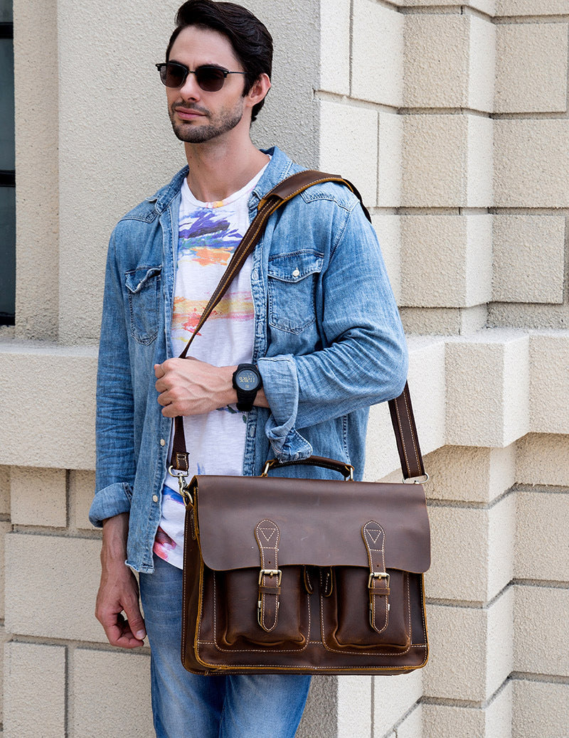 mens fashion personality leather retro portable briefcase