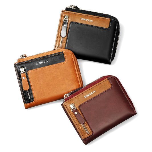 mens short fashion leather zipper rfid wallet