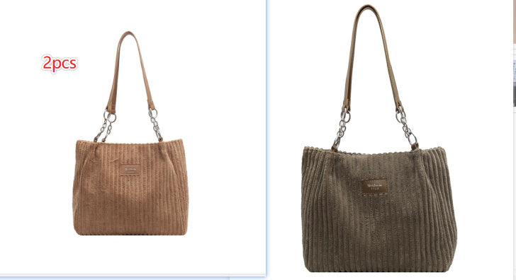 Casual Simple Portable Shopper Tote Bag Corduroy Solid Commuter Zipper Women's Handbag