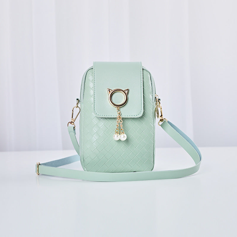 mobile phone bags women woven pearl tassel cover type crossbody shoulder bag