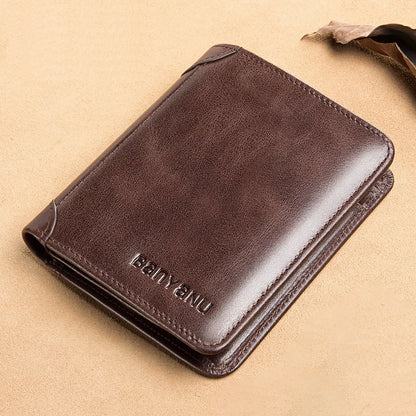 mens short matte leather tri fold vertical wallet