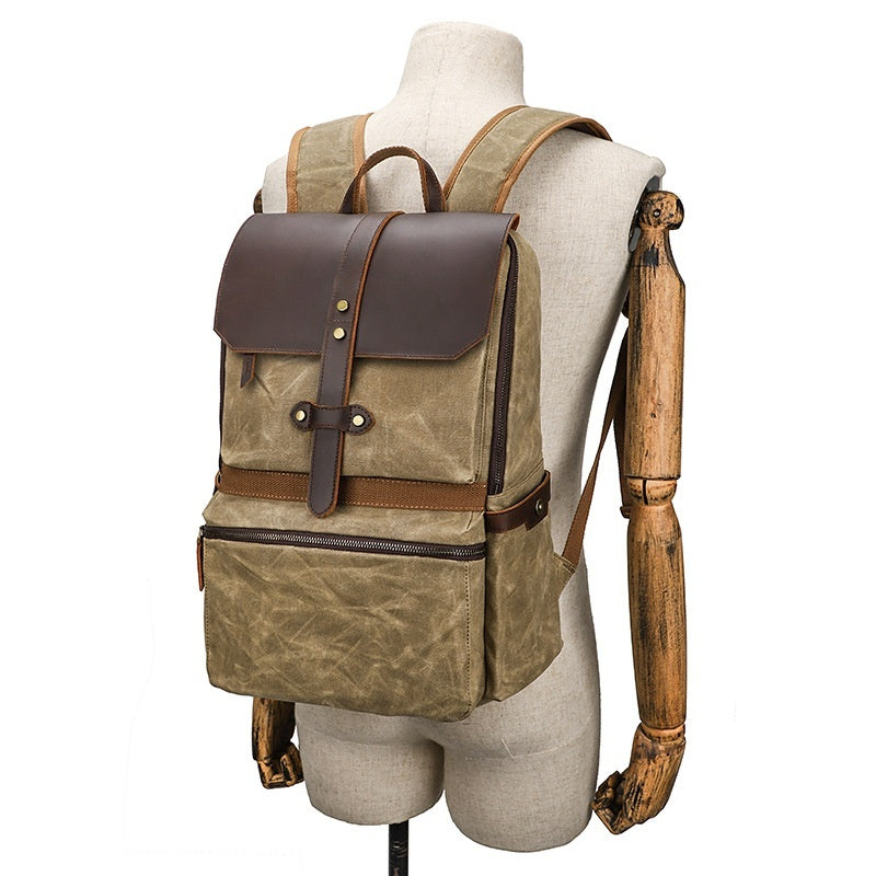 waterproof batik canvas backpack crazy horse leather mens bag