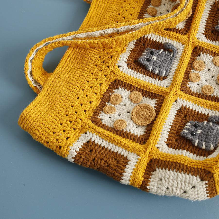 Kitten Handmade Wool Crocheted Square Shoulder Bag