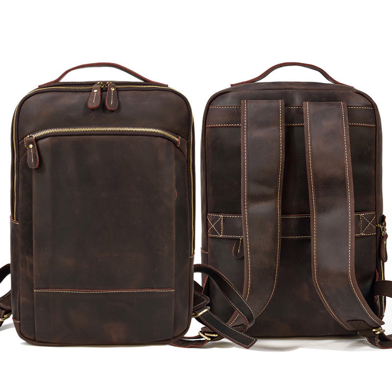 double zipper main bag genuine leather large capacity crazy horse leather outdoor travel leisure backpack