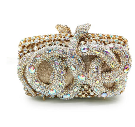 python diamond studded dinner bag magnetic clasp chain clutch