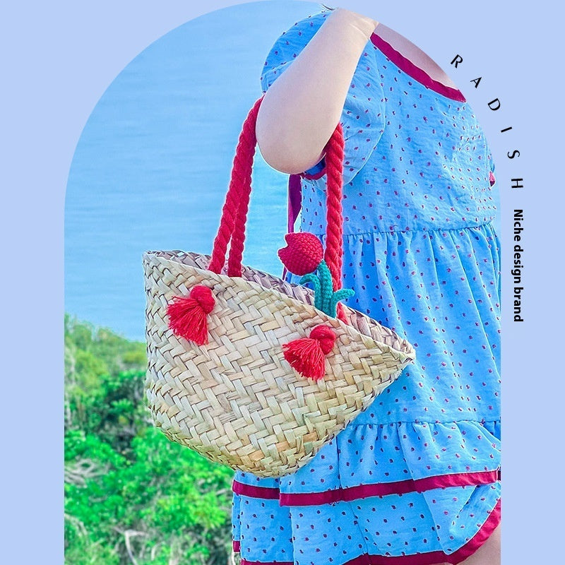 three dimensional small flower tulip handmade crochet vegetable basket handbags