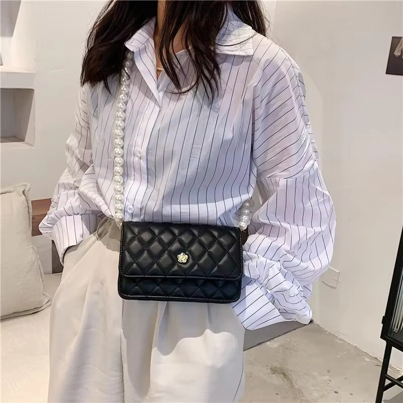 new diamond grid pearl chain womens cross body bag