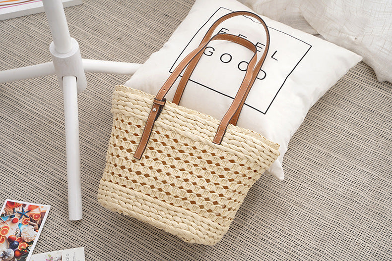 large capacity fashion urban simple white khaki straw braided bag