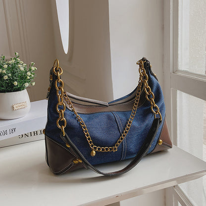 fashion versatile chain denim one shoulder handbag