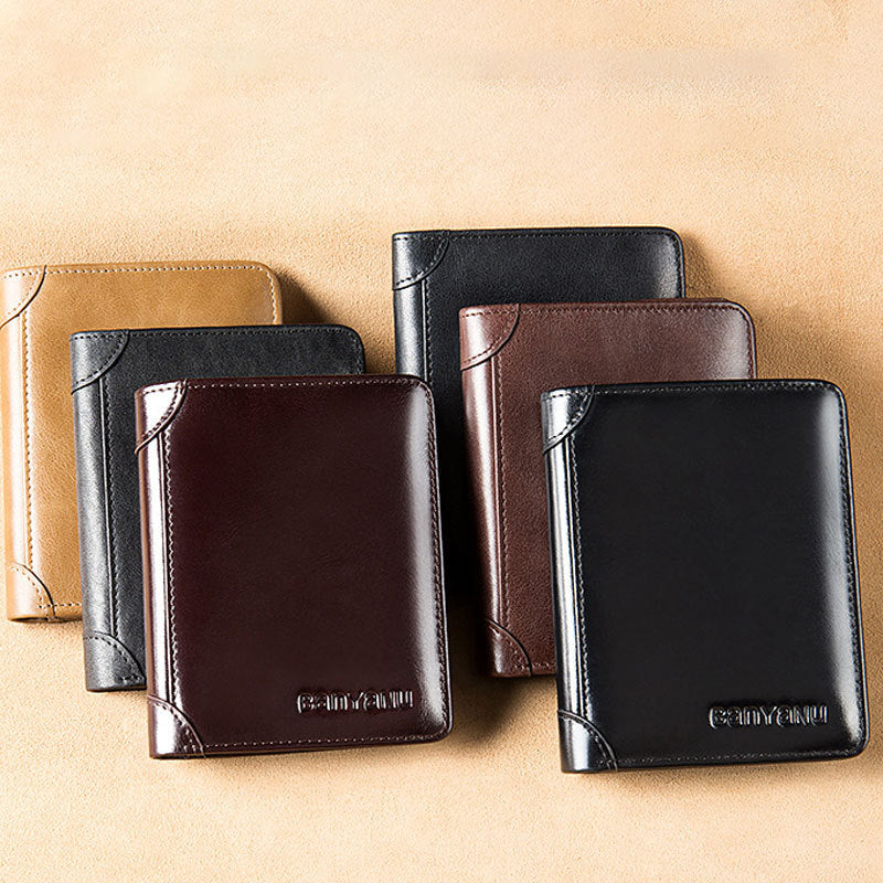 mens short matte leather tri fold vertical wallet