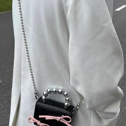 textured cute bow mini chain handbag