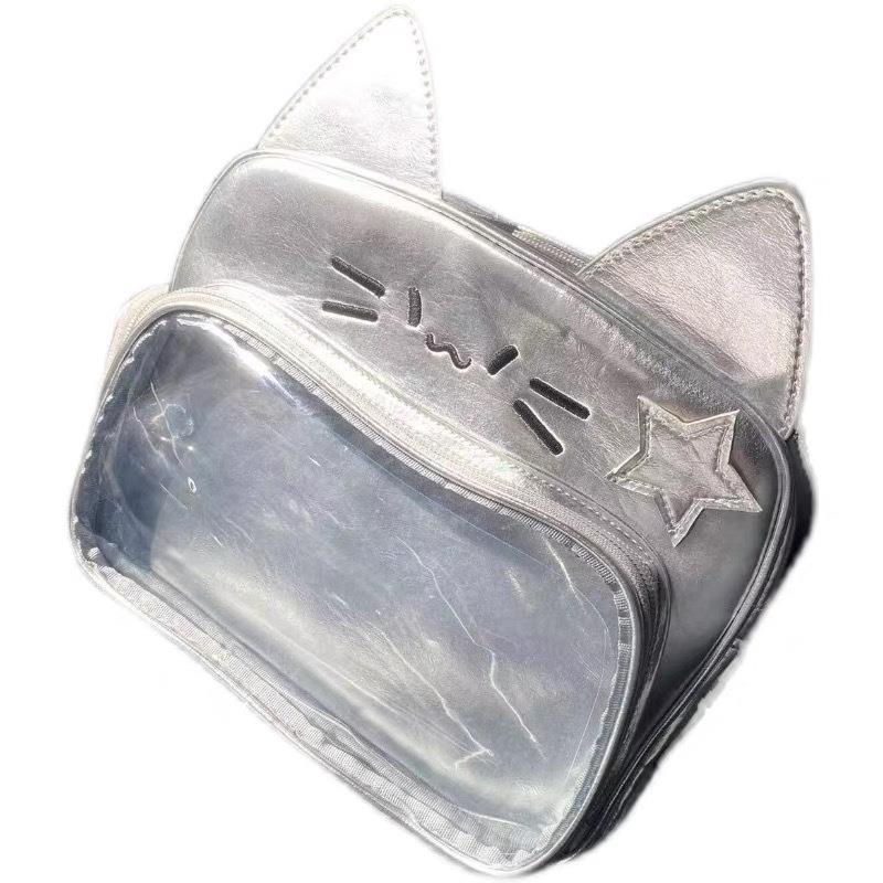 cute kitten fashionable metallic silver pu cartoon backpack