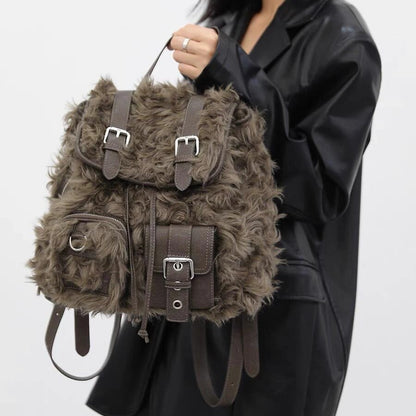 retro backpack bags plush large capacity bag