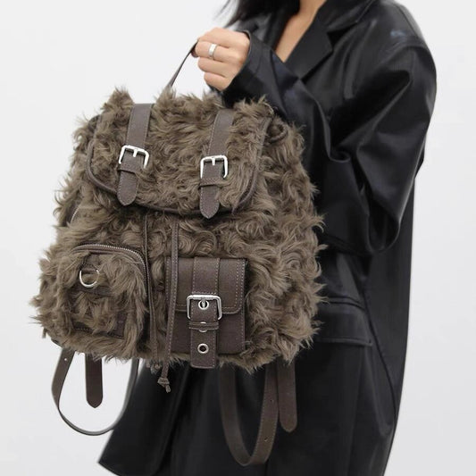 retro backpack bags plush large capacity bag