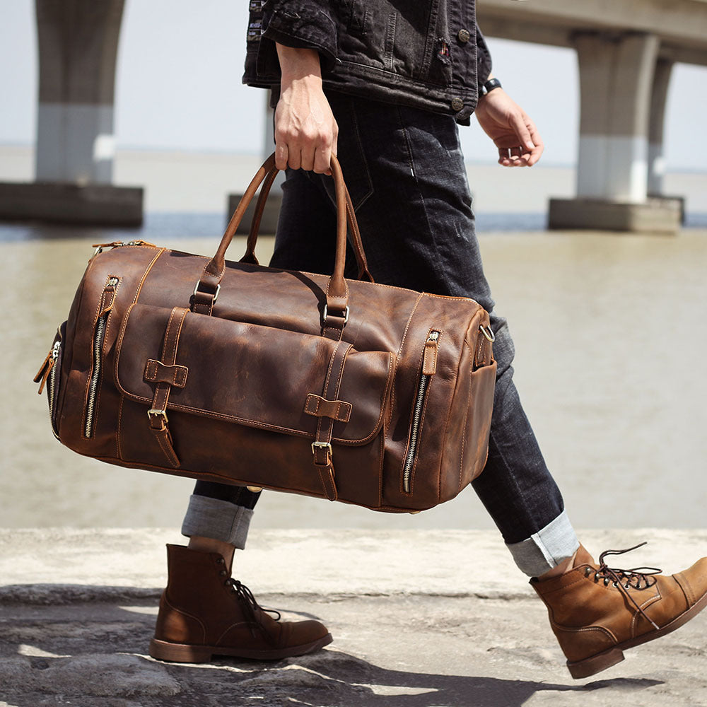 mens retro genuine leather super large capacity first layer cowhide leather hand luggage bag