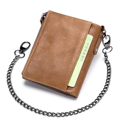 mens genuine leather retro zipper tri fold cowhide wallet