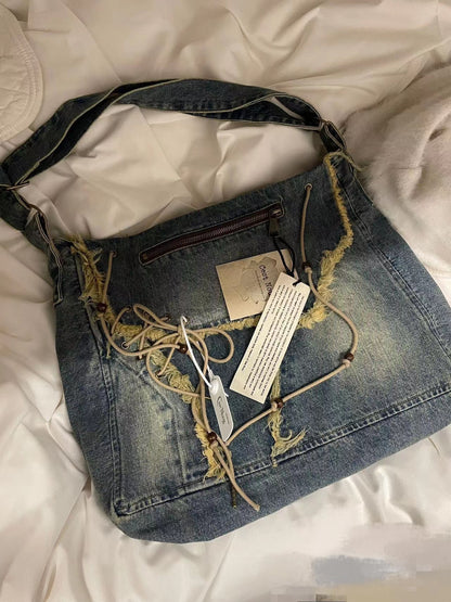 vintage denim washed brushed tassel messenger bag