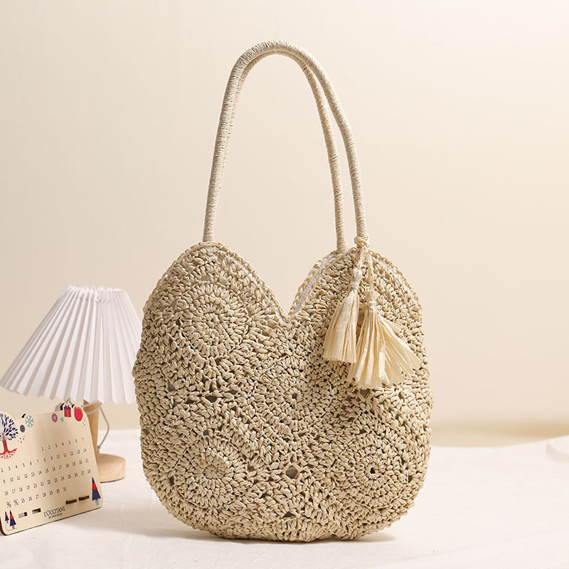 hollow tassel straw bag large capacity shoulder woven bag