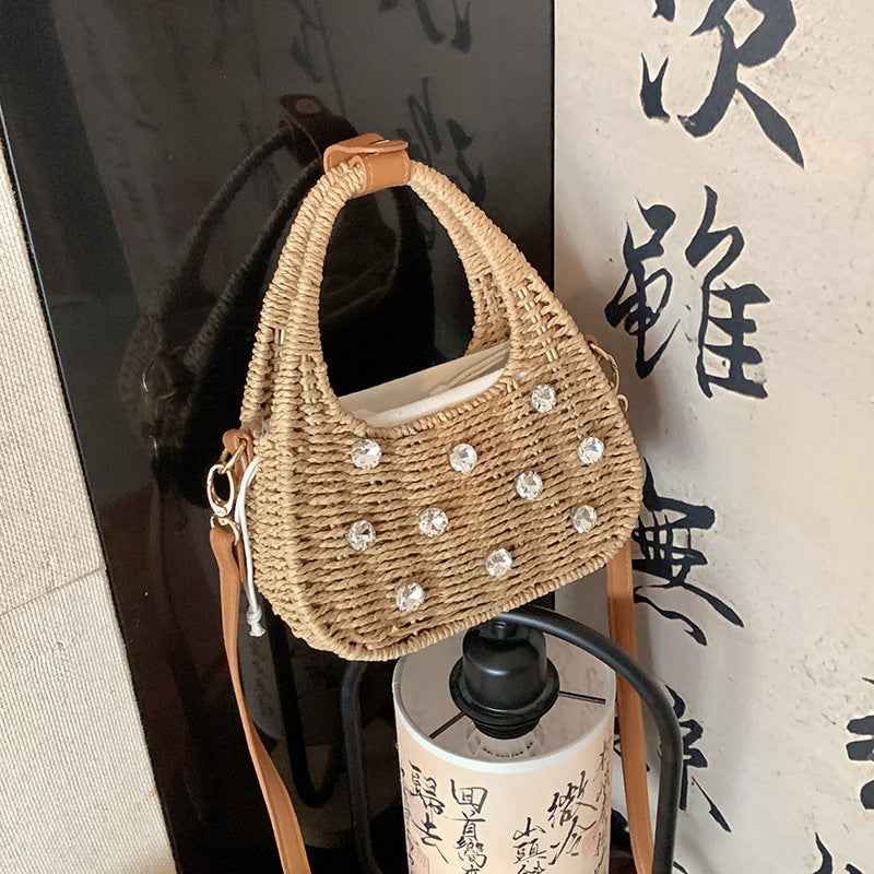 woven bag womens shoulder rhinestone portable messenger bag