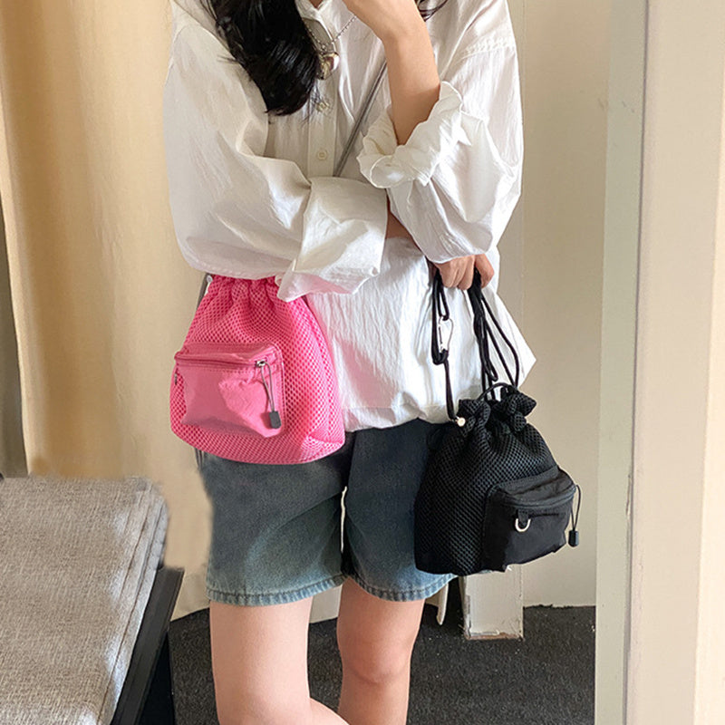 small mesh drawstring bucket bag fashion cute messenger shoulder bags for women