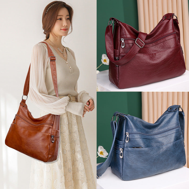 fashionable large capacity soft leather one shoulder messenger