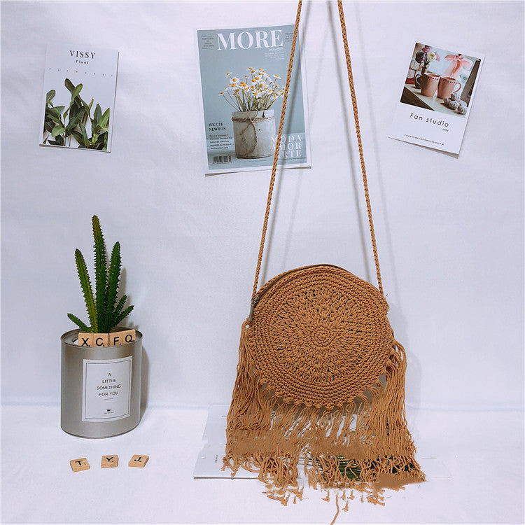 Round Tassel Cotton Thread Bag Cotton Rope Messenger Bag