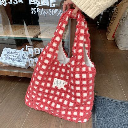 waffle-flannel-bag-tote-bag-large-capacity-commute-minimalist-student-class-bag