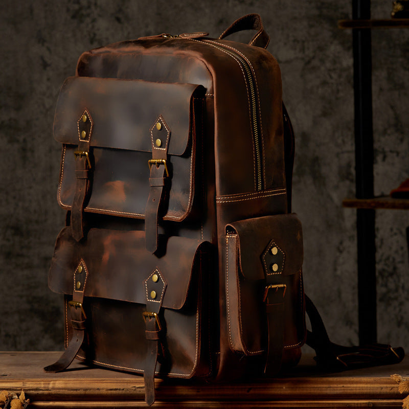 handmade crazy horse leather backpack for mens retro travel