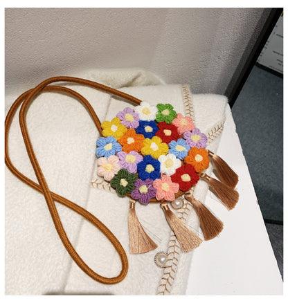ethnic fluffy bag for women 2025 new fashion trend floral small round bag stylish and versatile can be worn on one shoulder or cross body