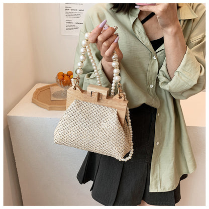 womens straw beach pearl chain woven shoulder bag