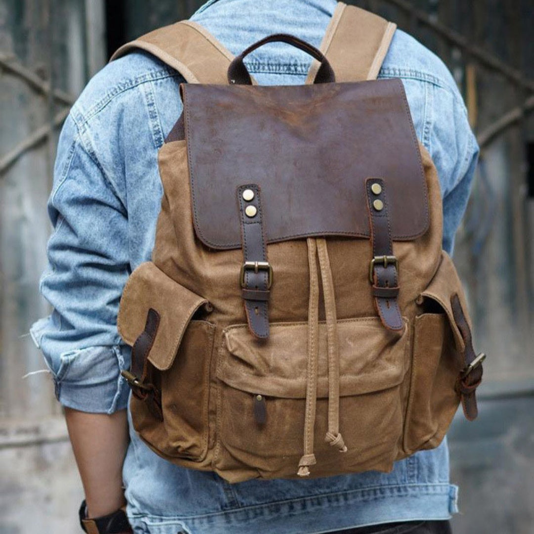 mens canvas casual backpack trendy computer oil wax matching hide bag fashion brand