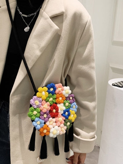 ethnic fluffy bag for women 2025 new fashion trend floral small round bag stylish and versatile can be worn on one shoulder or cross body