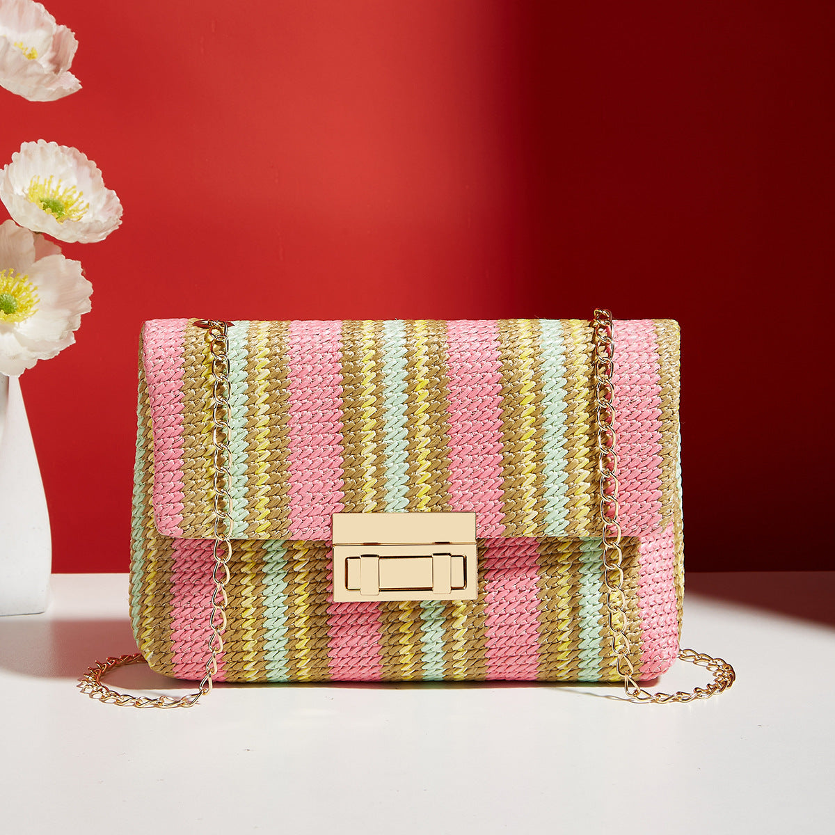 fashion crossbody bag straw lock closure simple small square bag